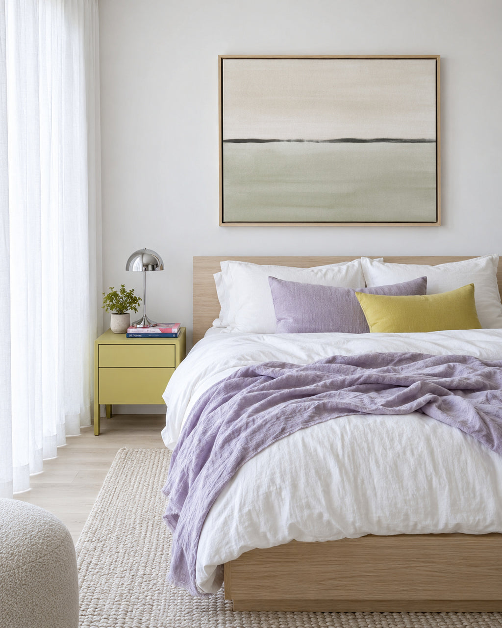 Minimalist horizon in soft olive green and sepia - Framed canvas in an interior