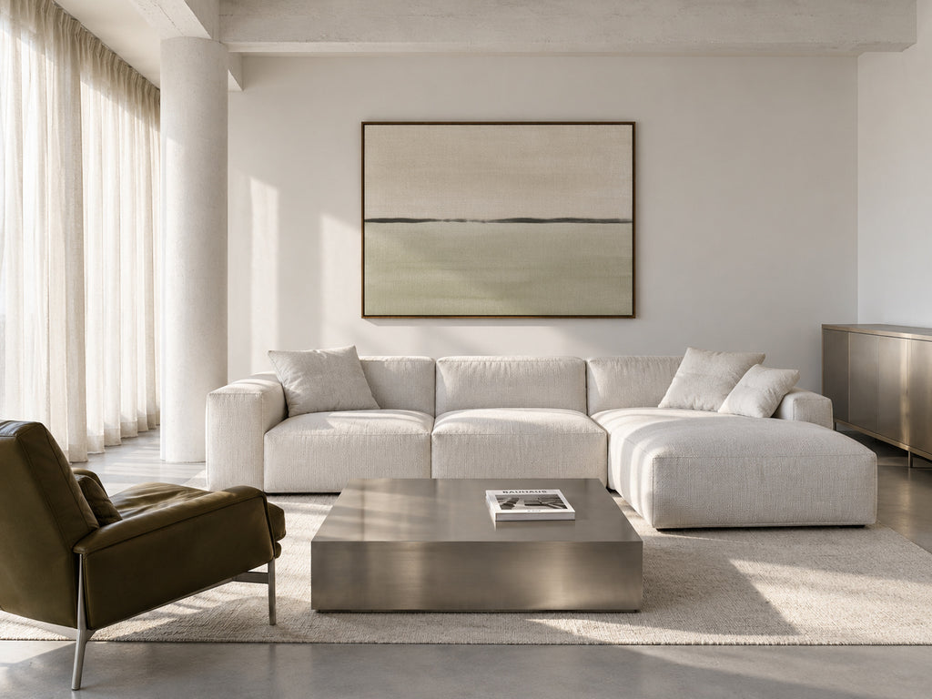 Minimalist horizon in soft olive green and sepia - Framed canvas in an interior