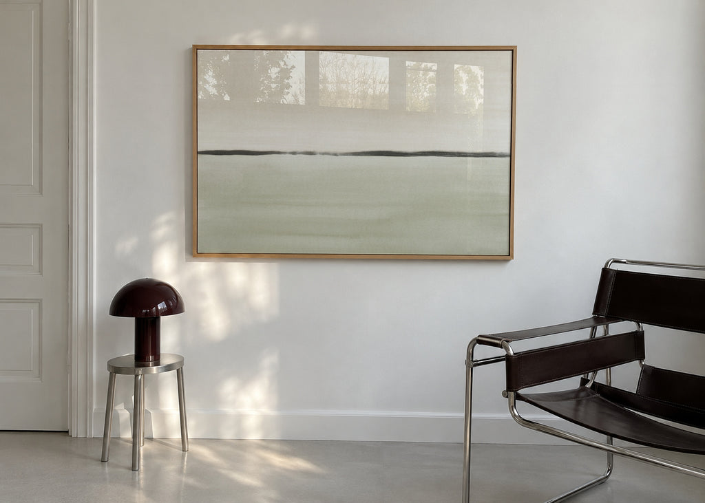 Minimalist horizon in soft olive green and sepia - Framed poster in an interior