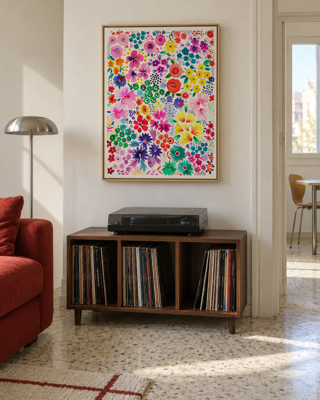 Colorful Little Artful Flowers Multi 2 - Framed canvas in an interior