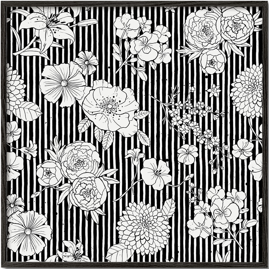 Flowers and Stripes Black White Cuadradas 2