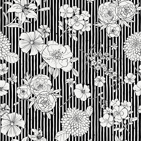 Flowers and Stripes Black White Cuadradas 2