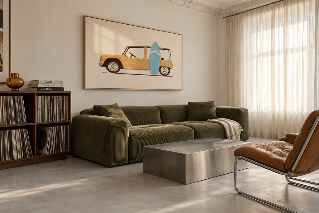 Vintage Car with Surfboard - Framed canvas in an interior