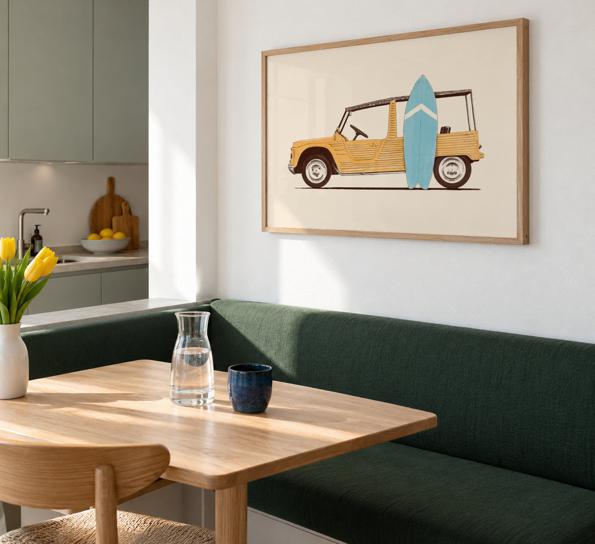 Vintage Car with Surfboard - Framed poster in an interior