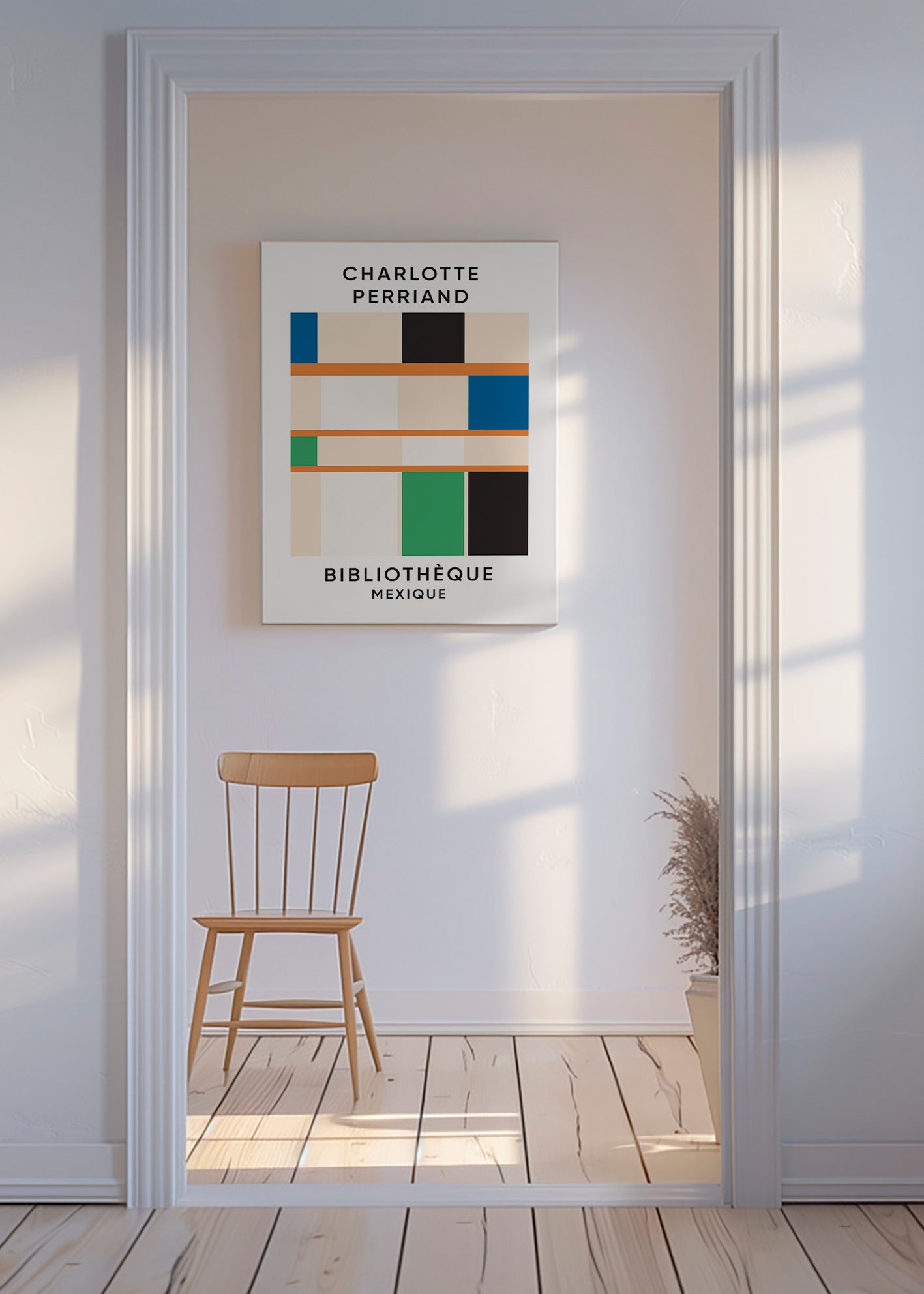 Geometric print with blocks and typography 'Bibliothèque'