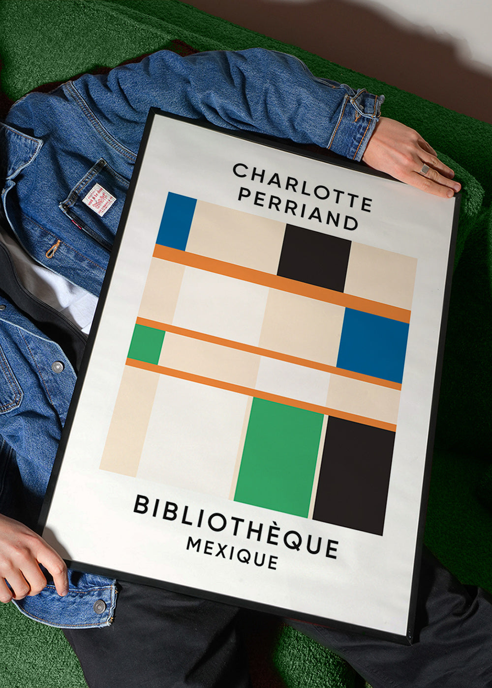 Geometric print with blocks and typography 'Bibliothèque'