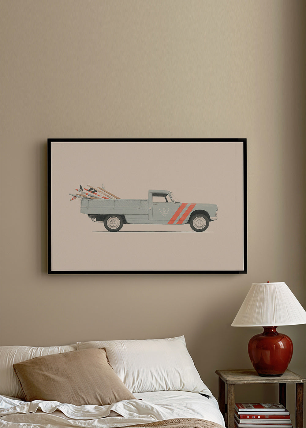 Vintage print pickup van with surfboards