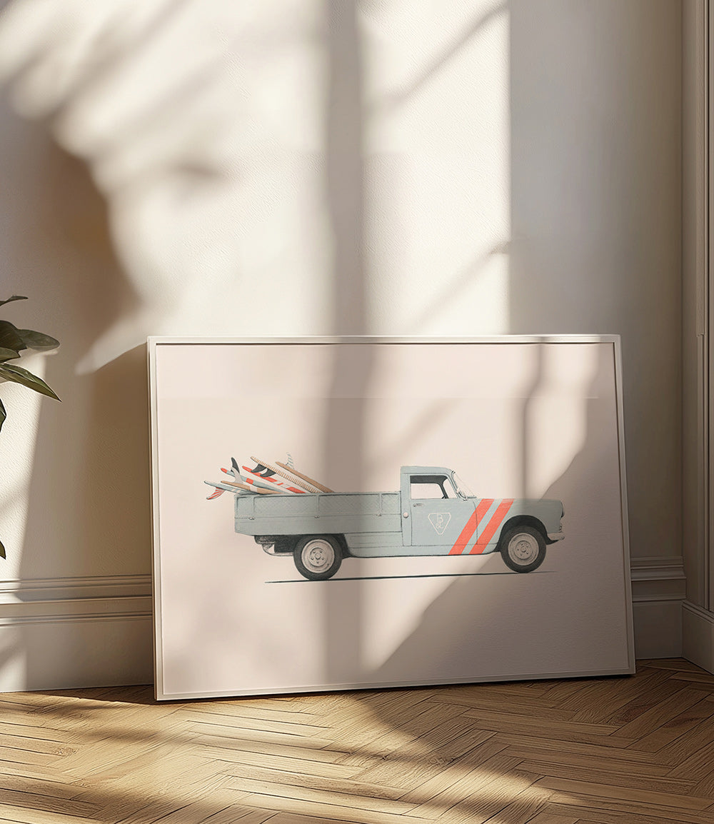 Vintage print pickup van with surfboards