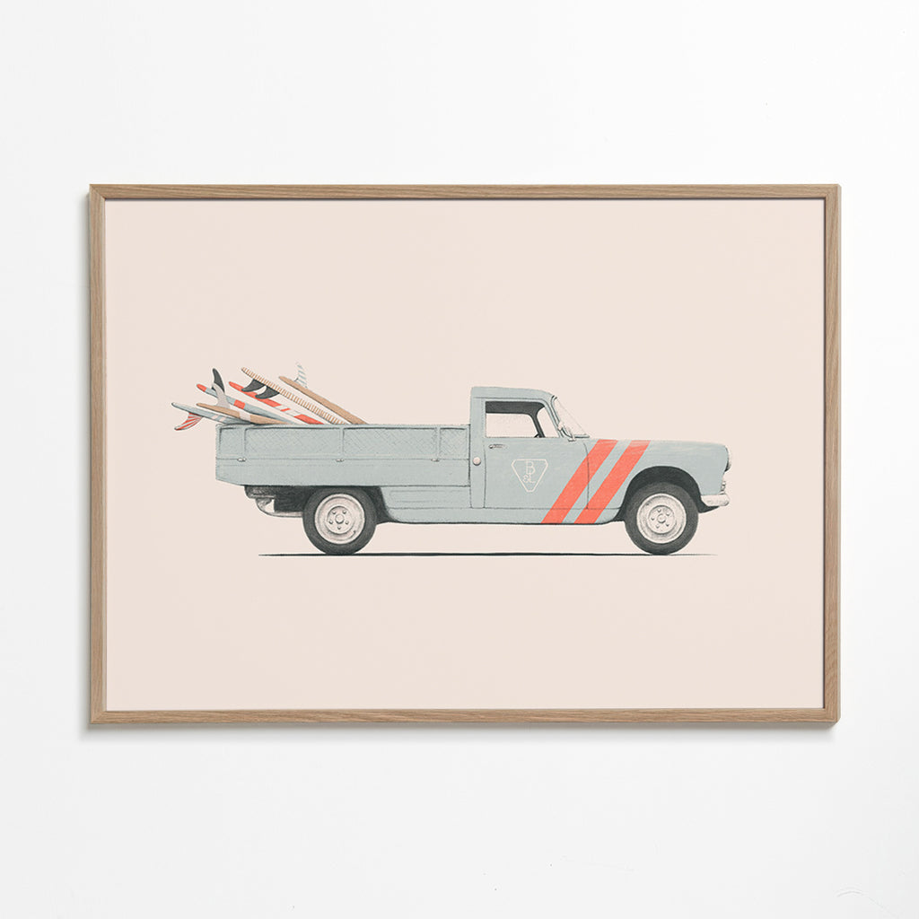 Vintage print pickup van with surfboards