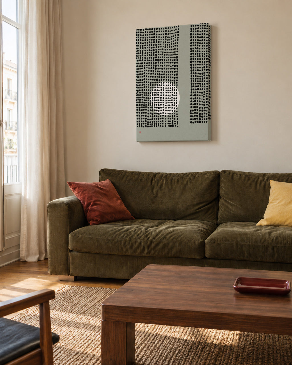 Hidden Moon n° 4 (Behind The Curtains) - Unframed canvas in an interior