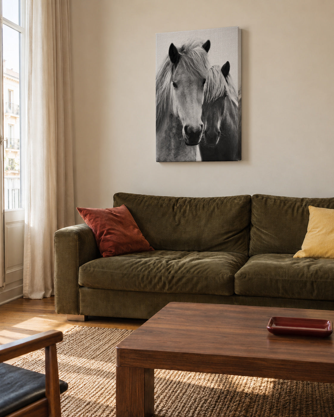 Horses - Black & White 7 - Unframed canvas in an interior