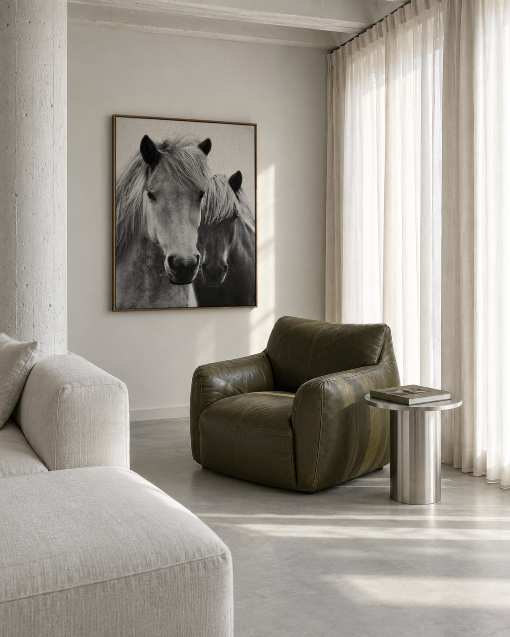 Horses - Black & White 7 - Framed canvas in an interior