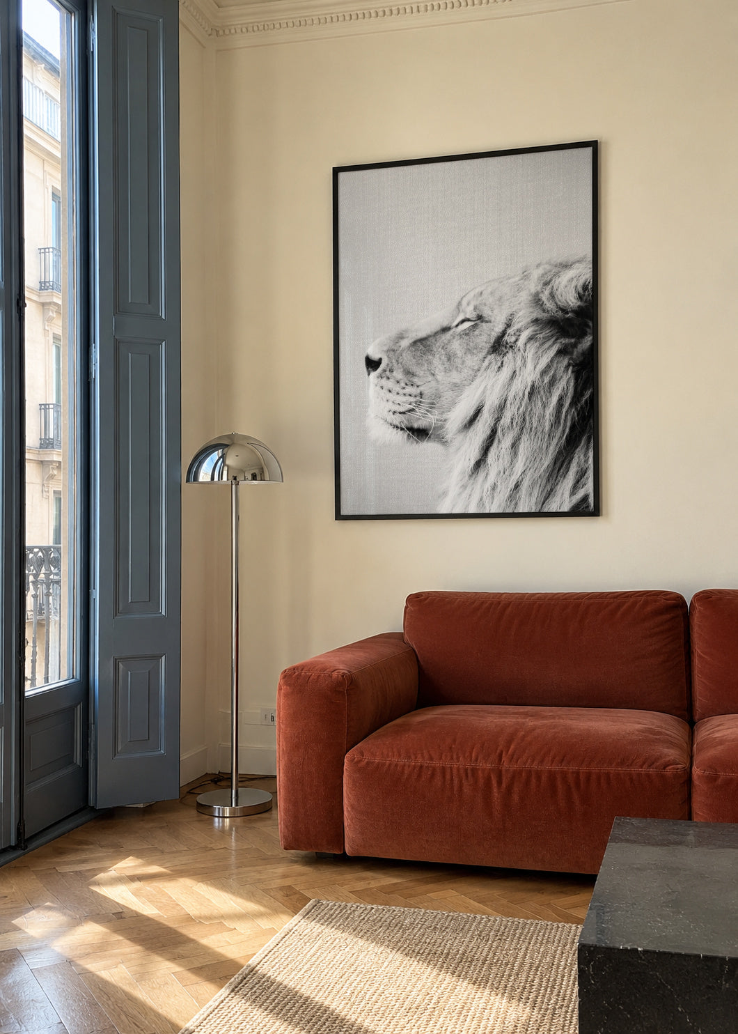 Lion Portrait - Black & White - Framed poster in an interior