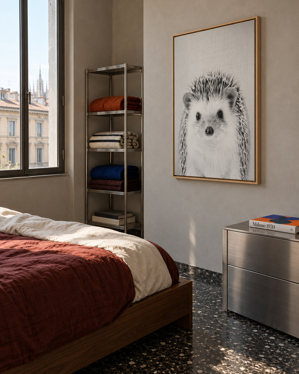 Hedgehog - Black & White - Framed canvas in an interior