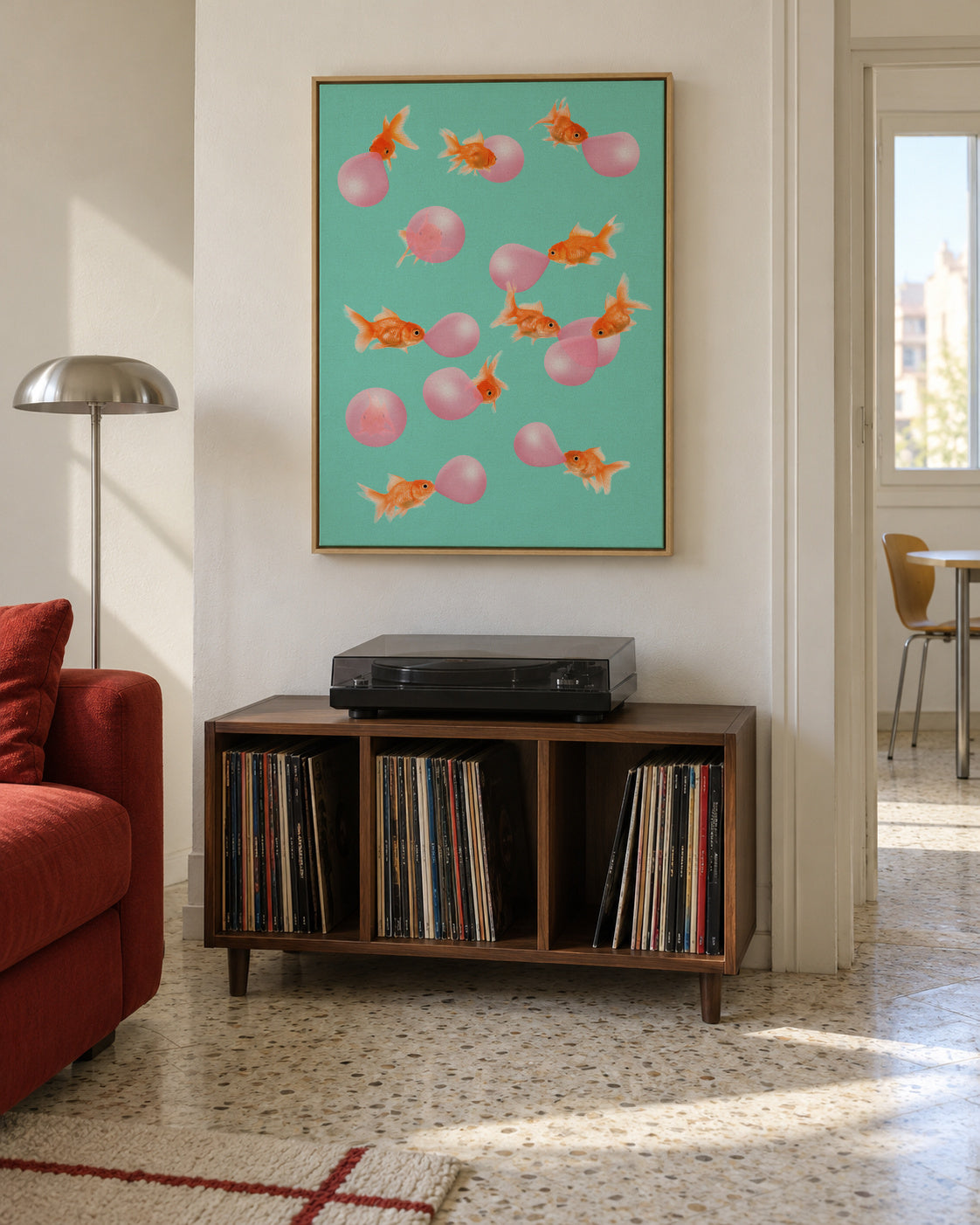 Bubblegum Goldfish - Framed canvas in an interior