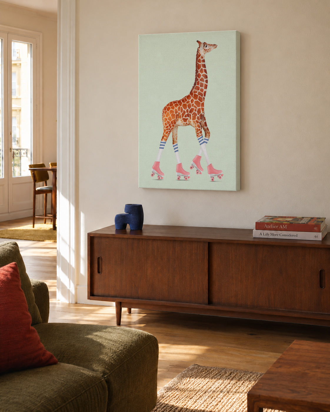 Rollerskating Giraffe - Unframed canvas in an interior