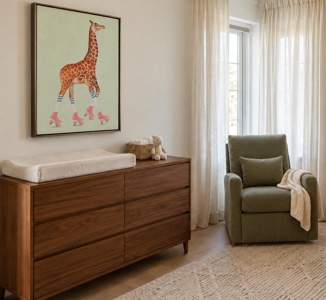 Rollerskating Giraffe - Framed canvas in an interior