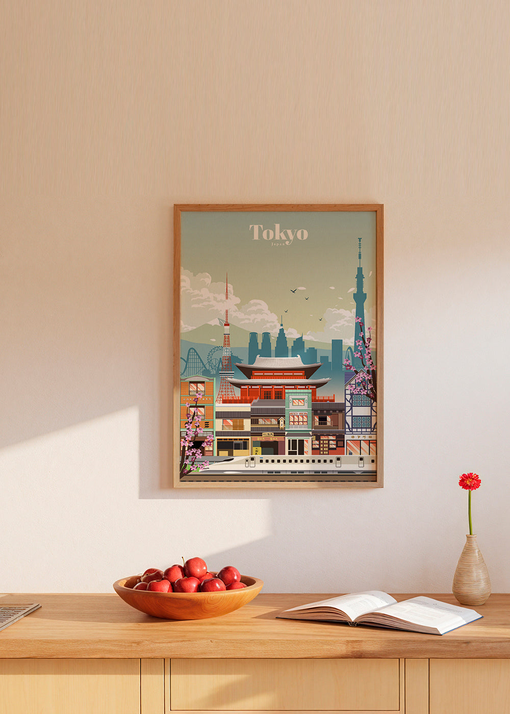 Tokyo city poster with temple and shinkansen | Wall art, framed