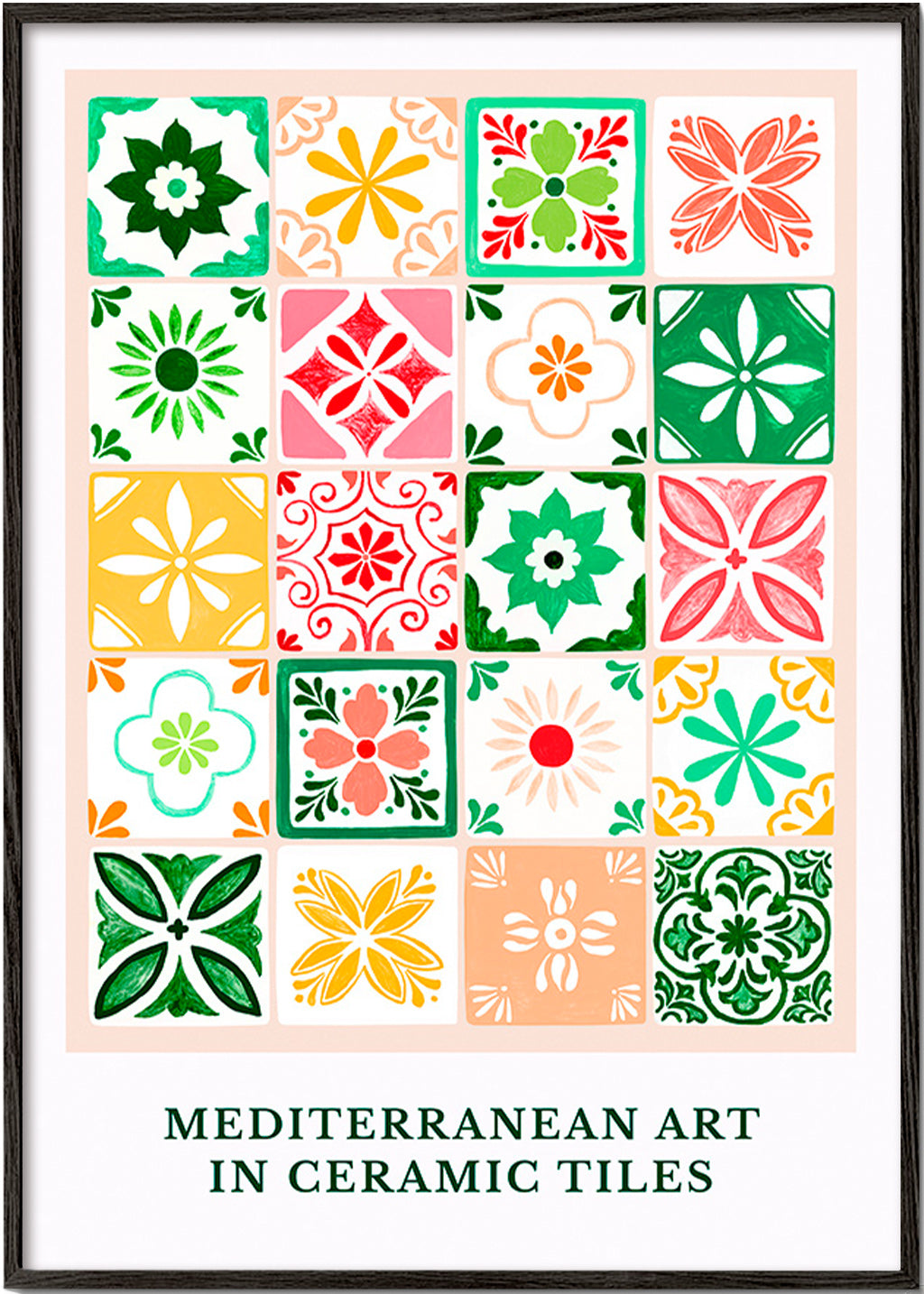 Botanical print with Mediterranean tile motifs