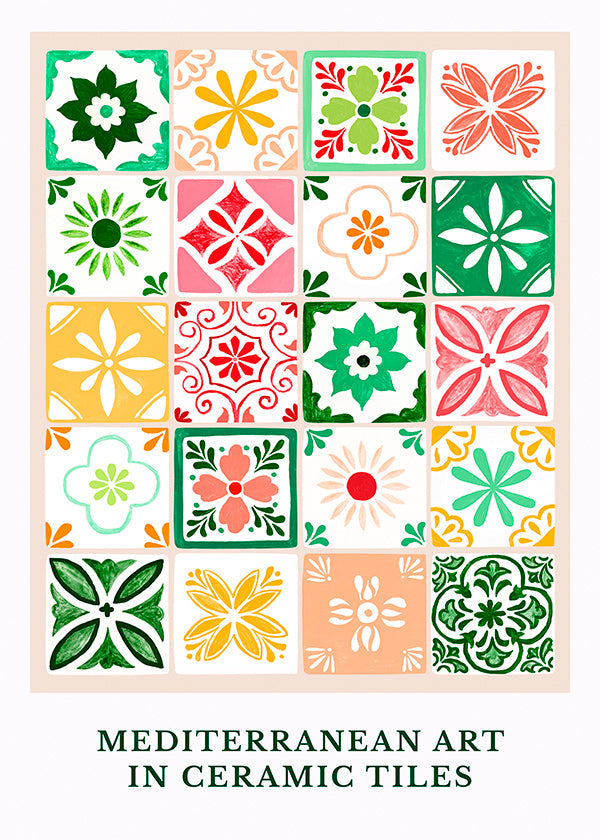 Botanical print with Mediterranean tile motifs