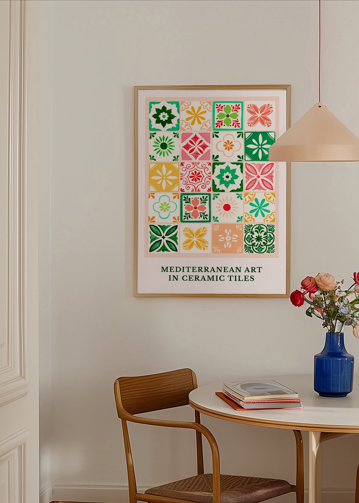 Botanical print with Mediterranean tile motifs