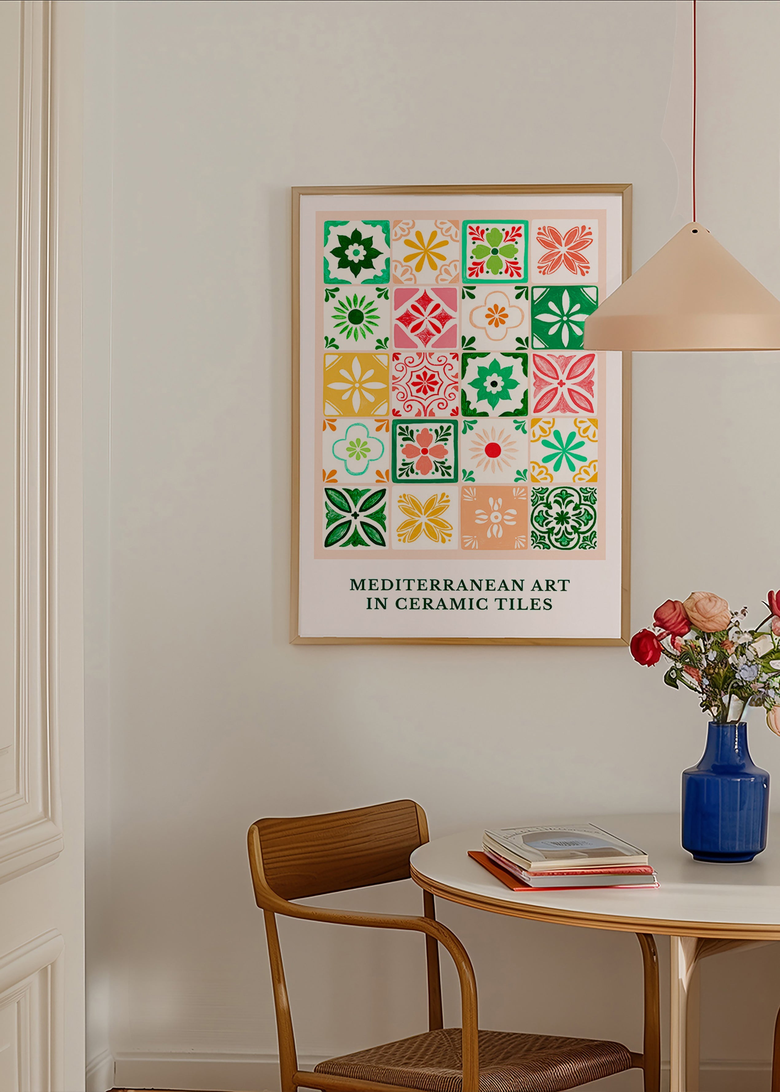 Botanical print with Mediterranean tile motifs
