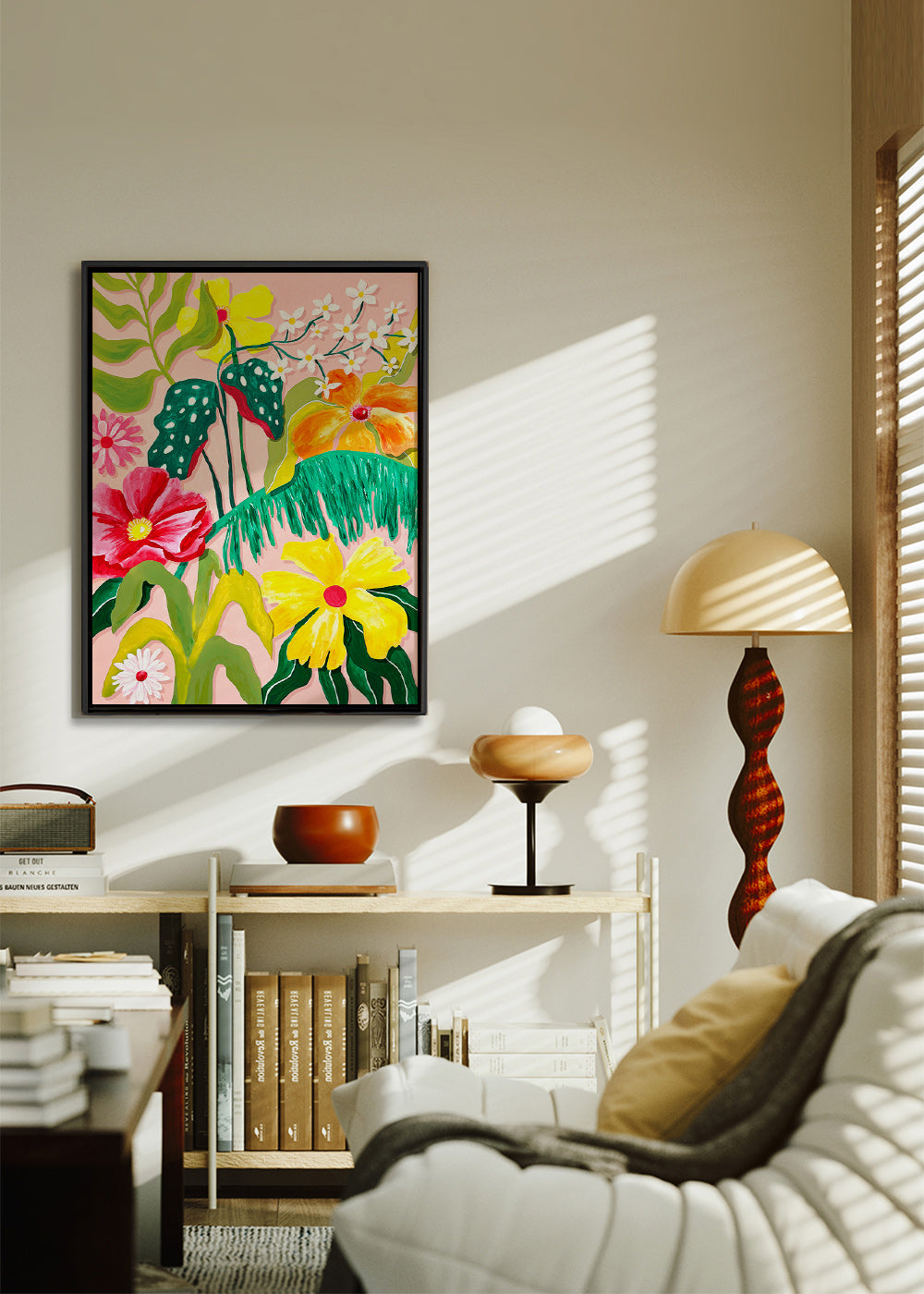 Botanical print with vibrant tropical blooms