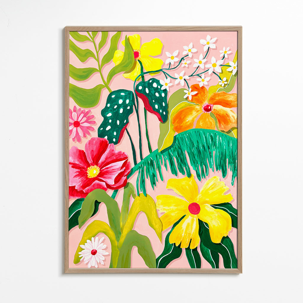 Botanical print with vibrant tropical blooms