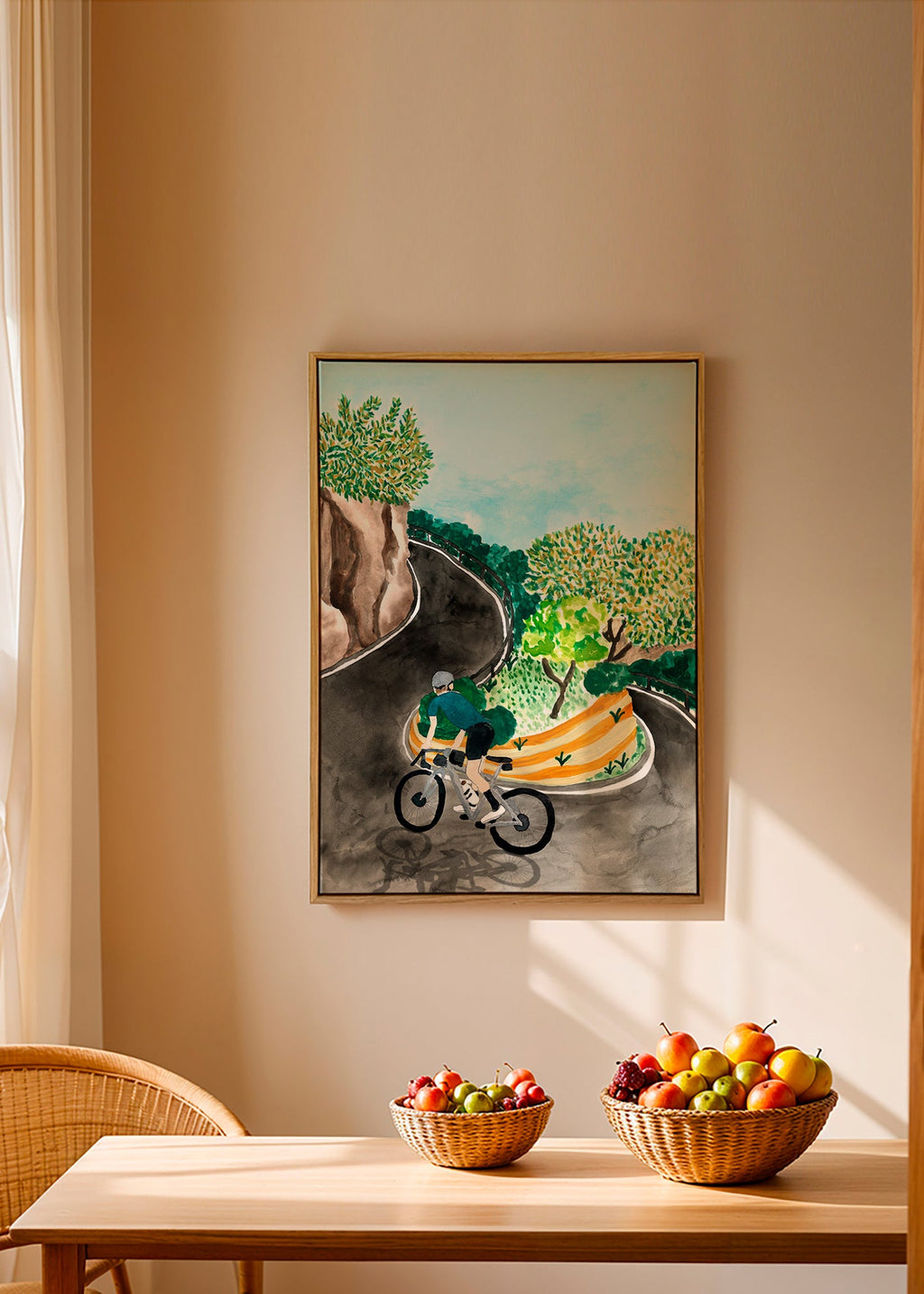 Landscape art with cyclist on mountain curve