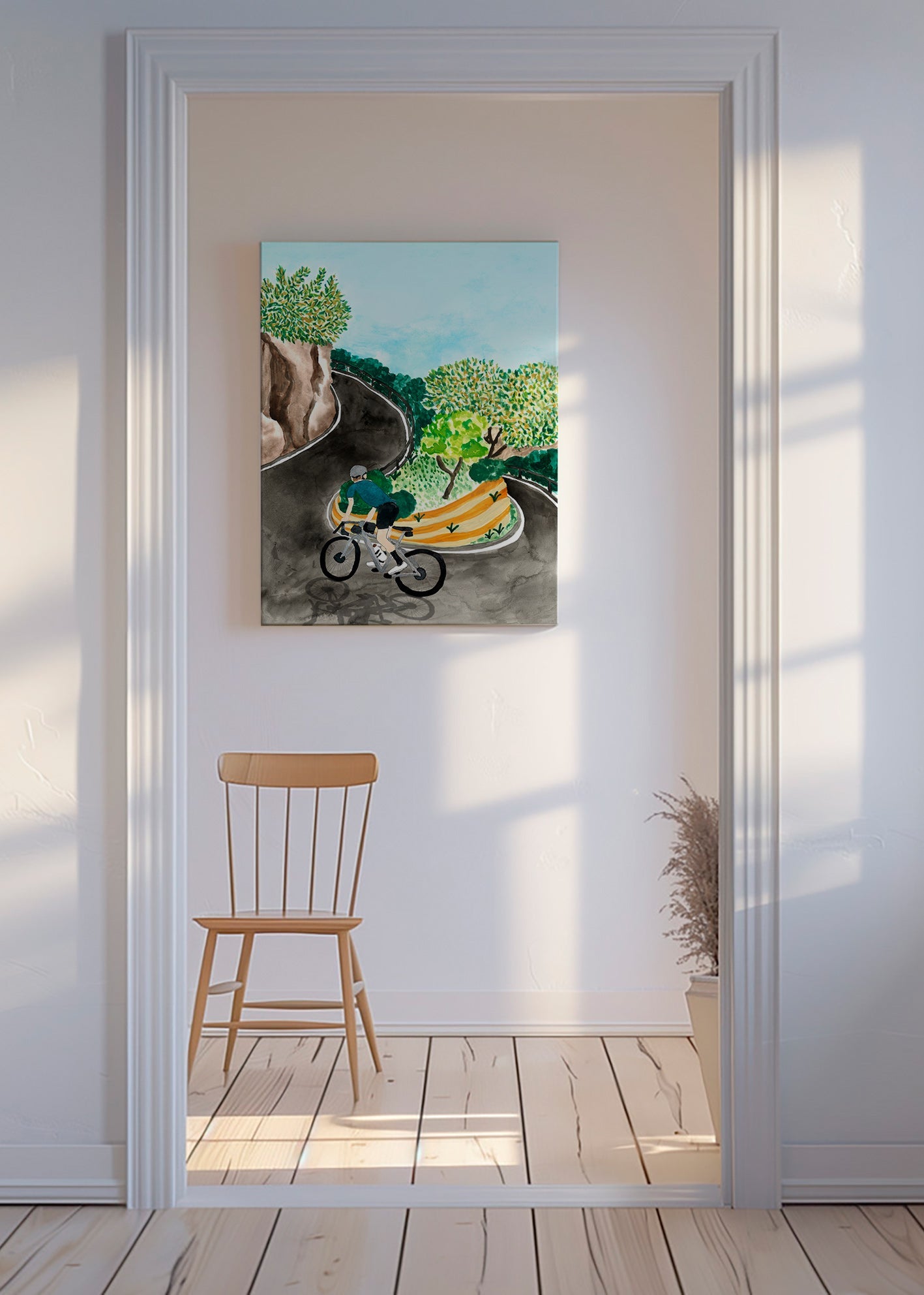 Landscape art with cyclist on mountain curve