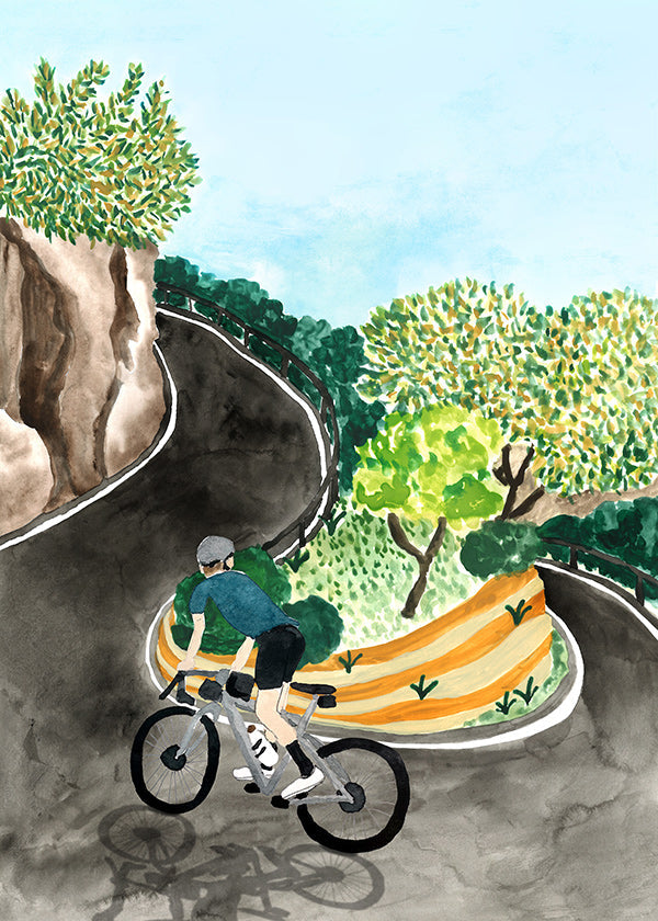 Landscape art with cyclist on mountain curve