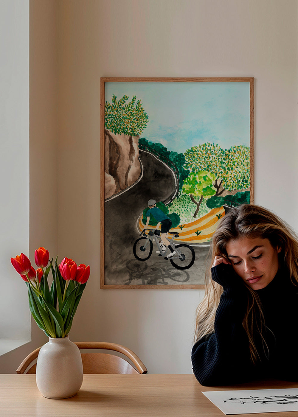 Landscape art with cyclist on mountain curve
