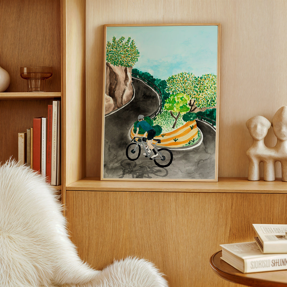 Landscape art with cyclist on mountain curve