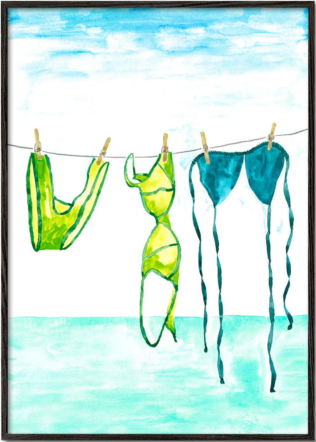 Illustration of hanging bikinis by the sea