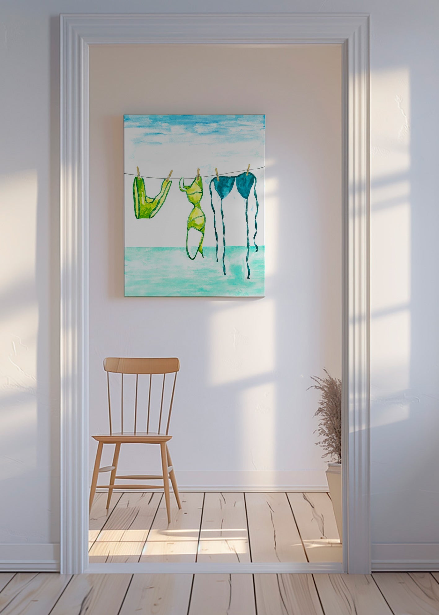 Illustration of hanging bikinis by the sea