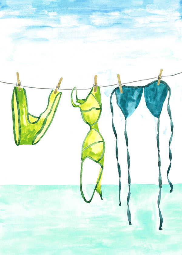 Illustration of hanging bikinis by the sea