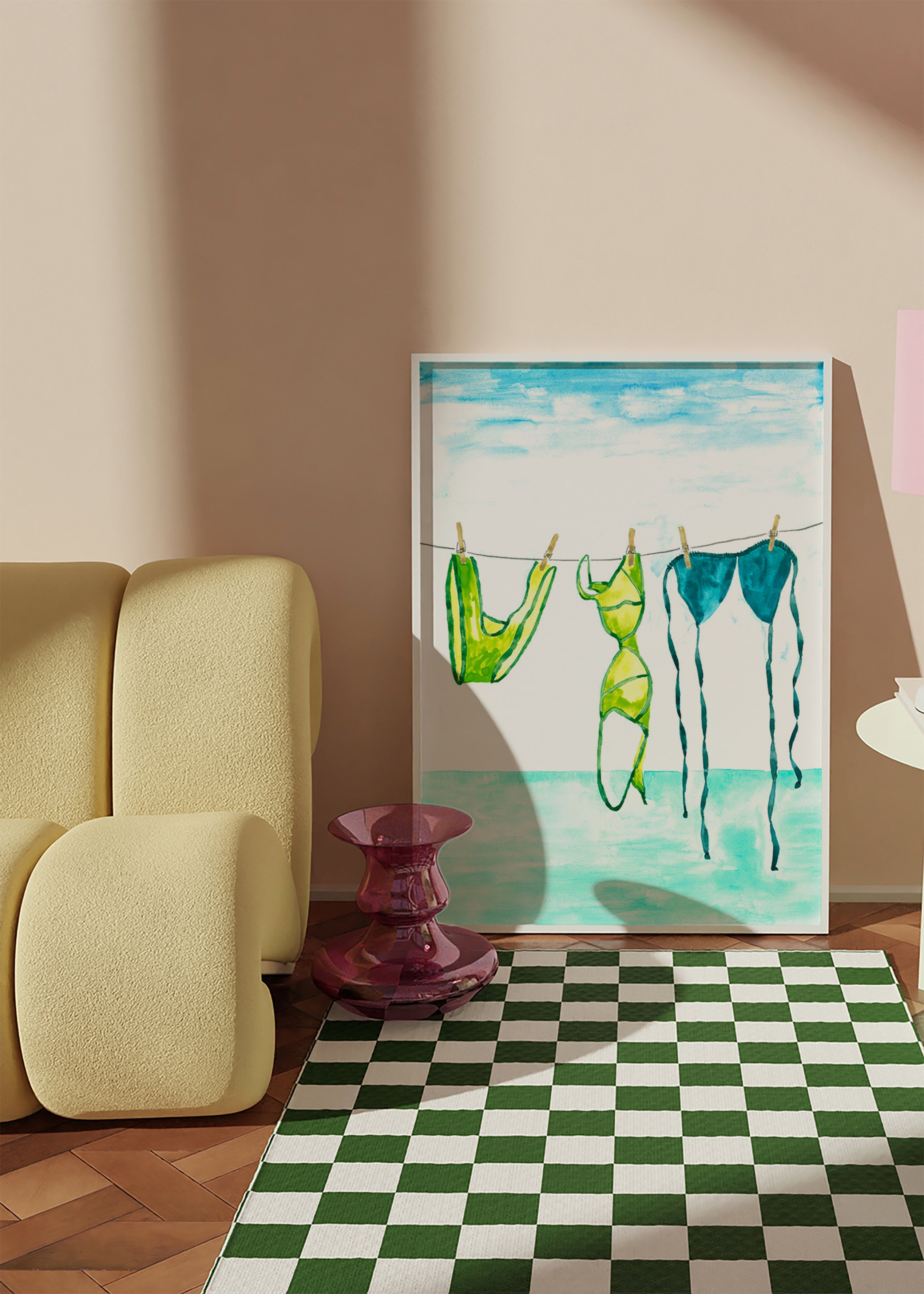 Illustration of hanging bikinis by the sea