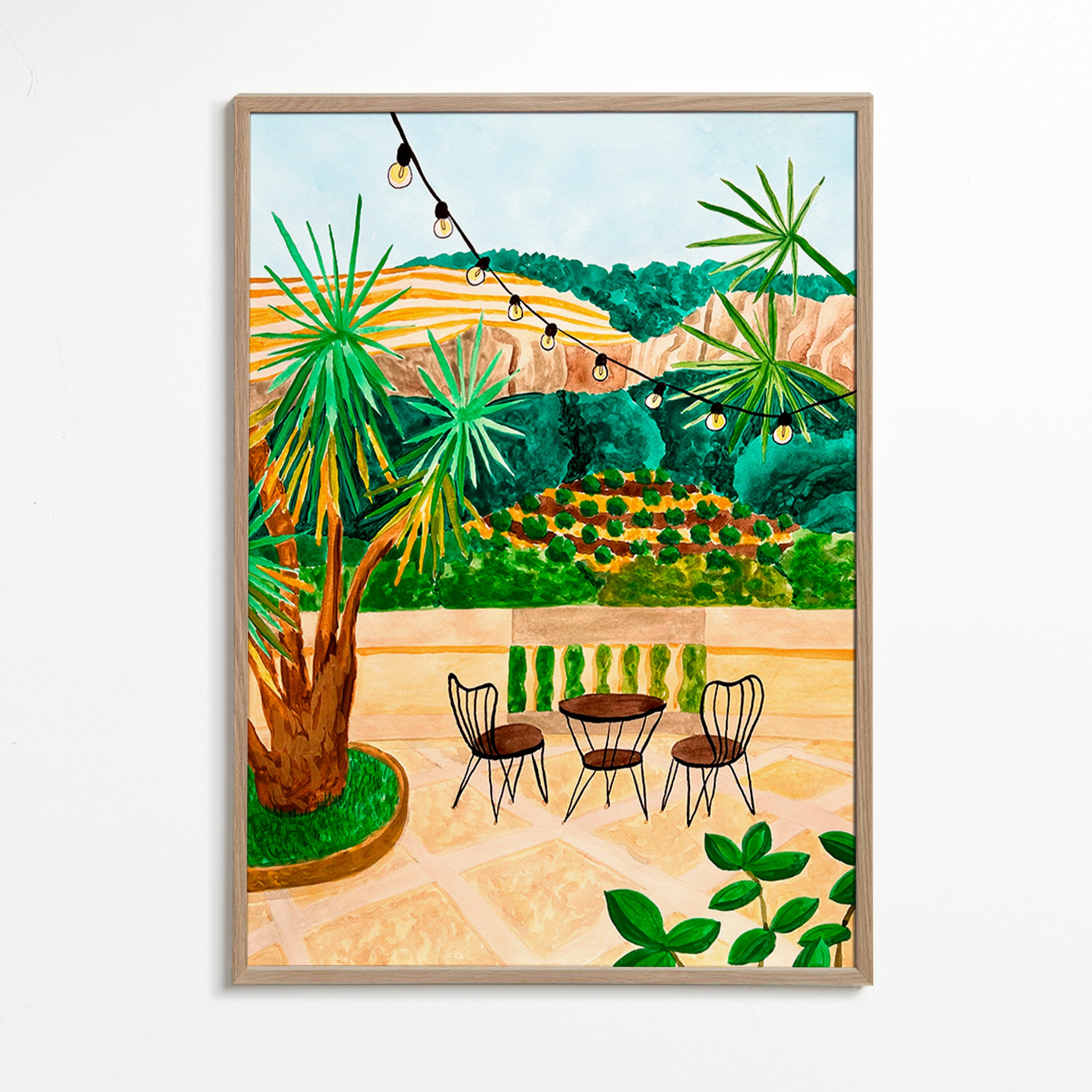 Botanical print: sunlit terrace scene