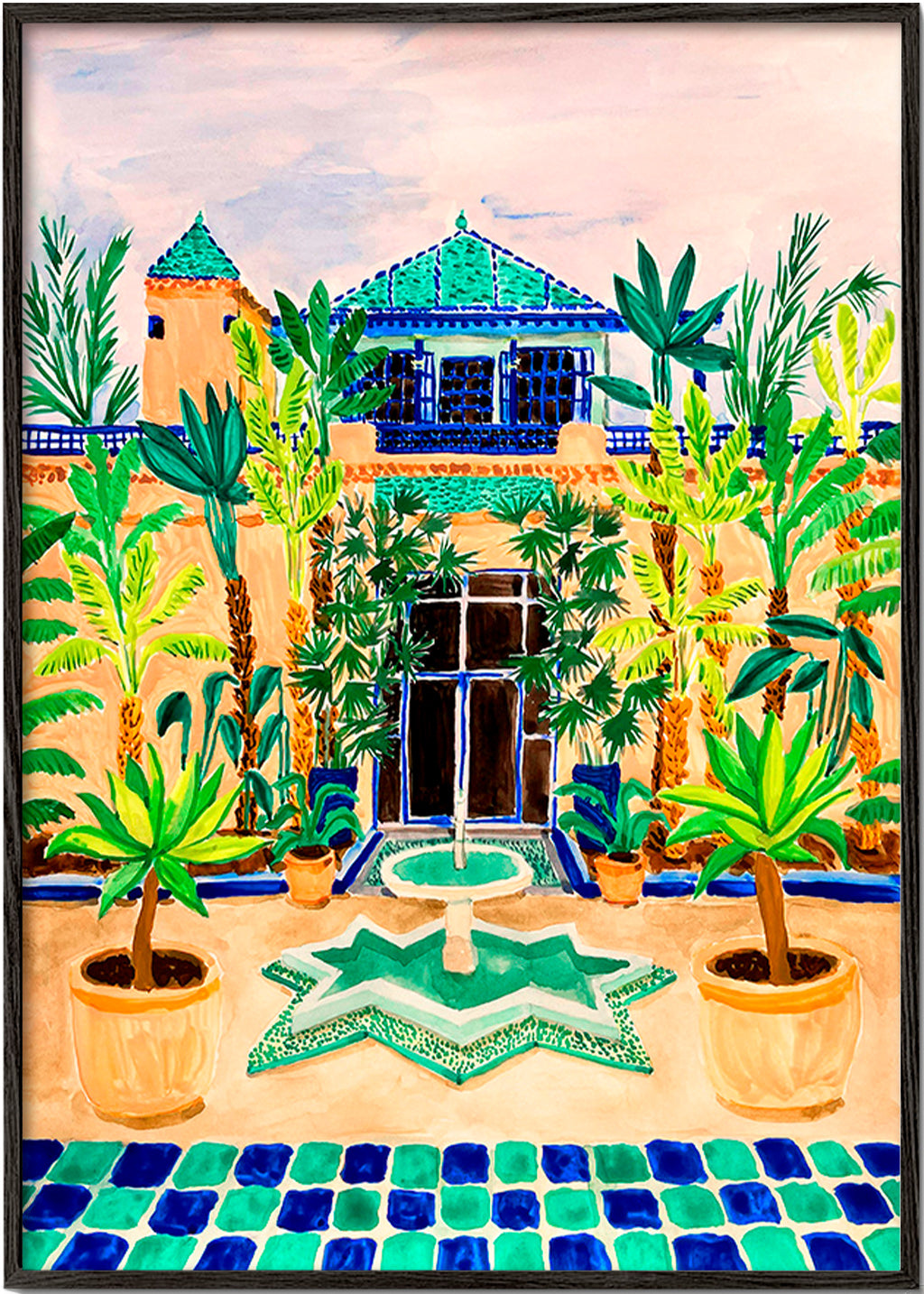 Botanical print Courtyard fountain and tiles