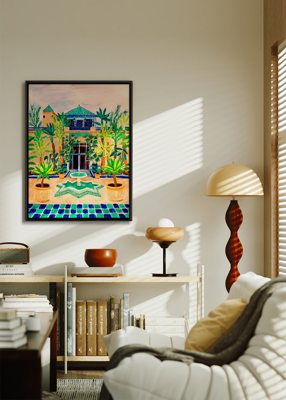 Botanical print Courtyard fountain and tiles
