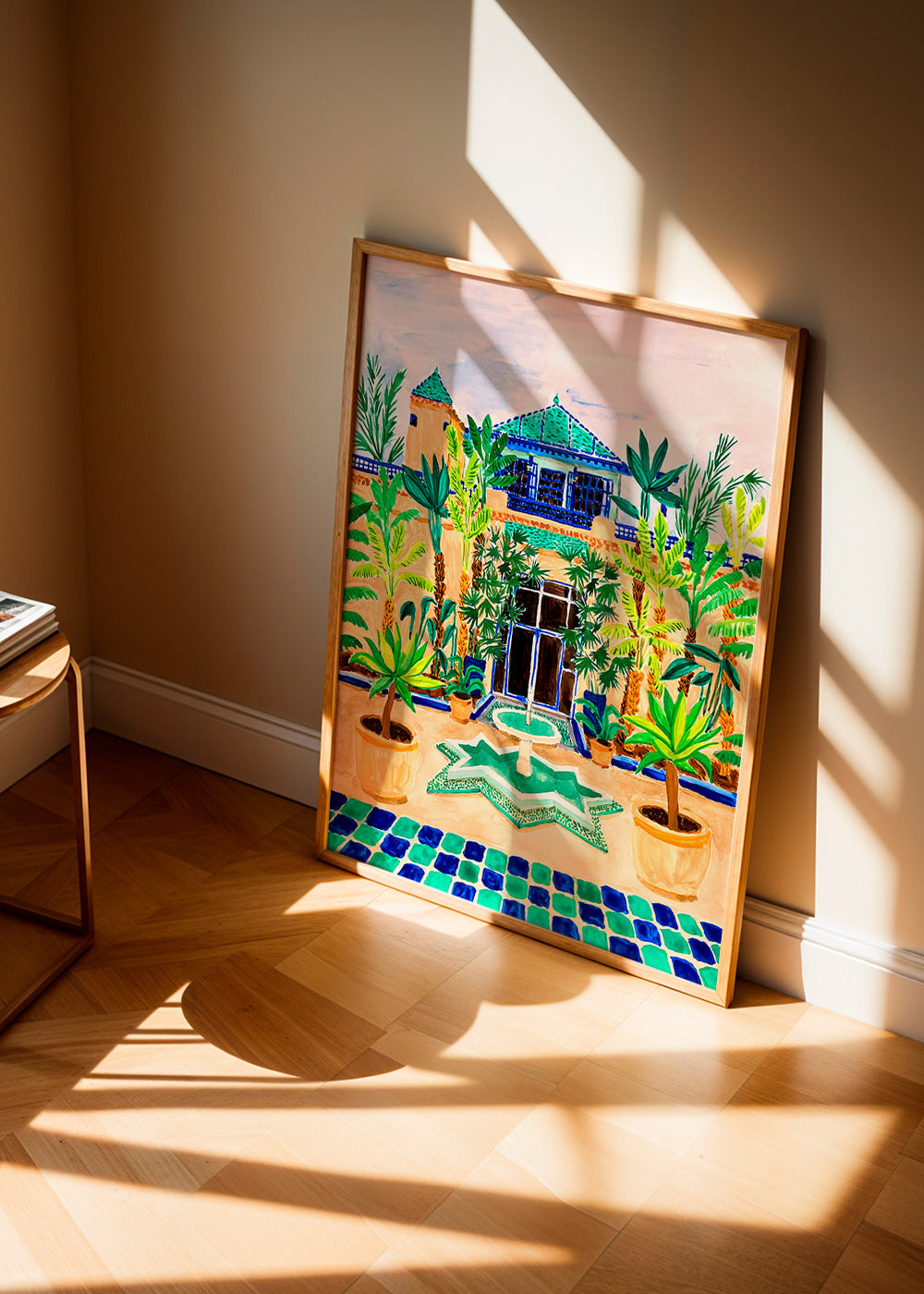 Botanical print Courtyard fountain and tiles