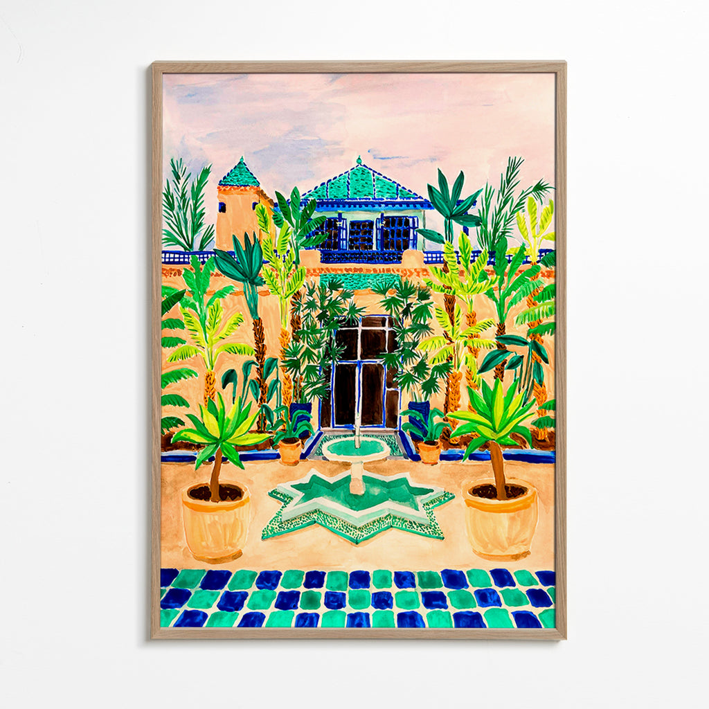 Botanical print Courtyard fountain and tiles