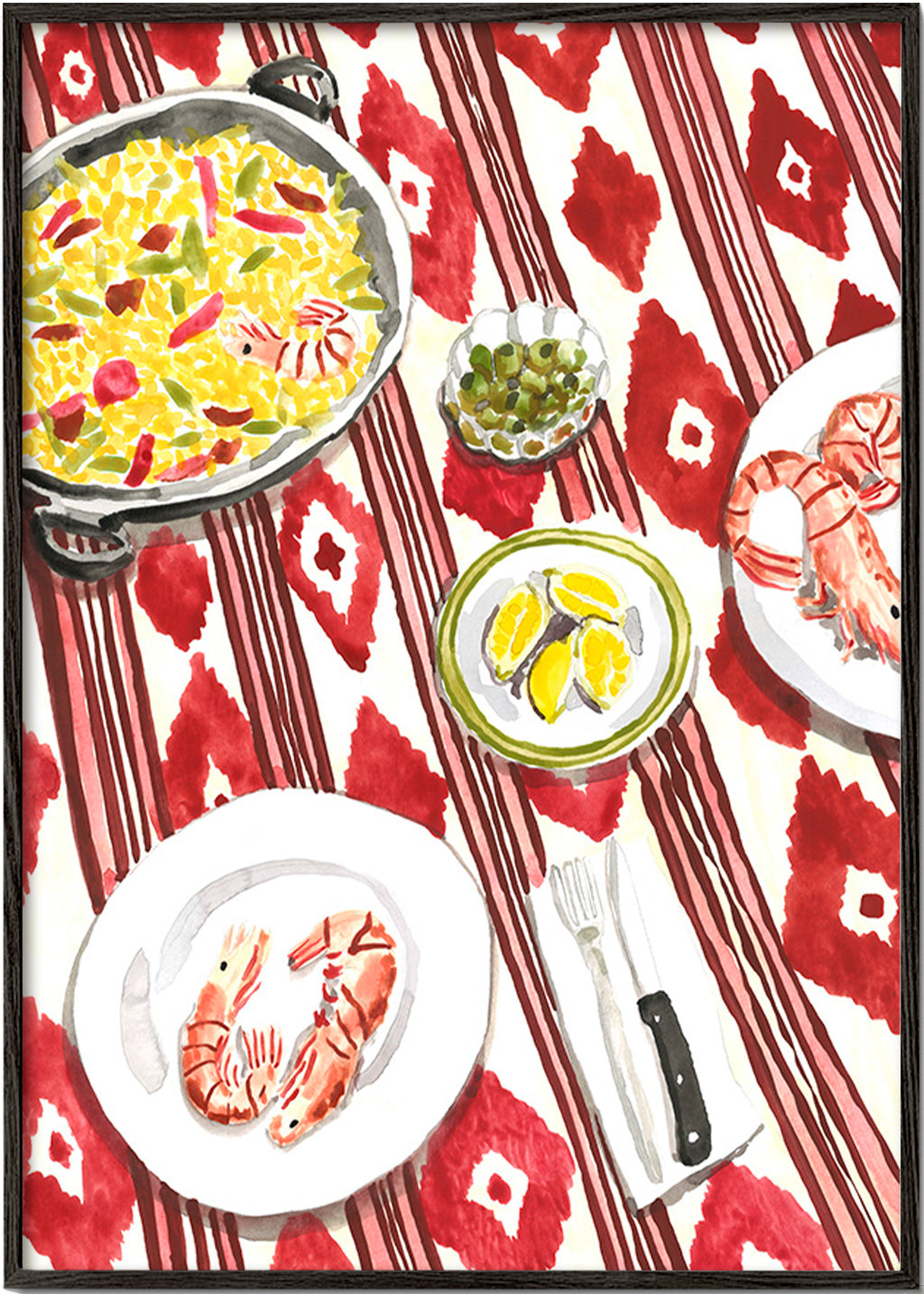 Kitchen art: paella and prawns on a patterned tablecloth