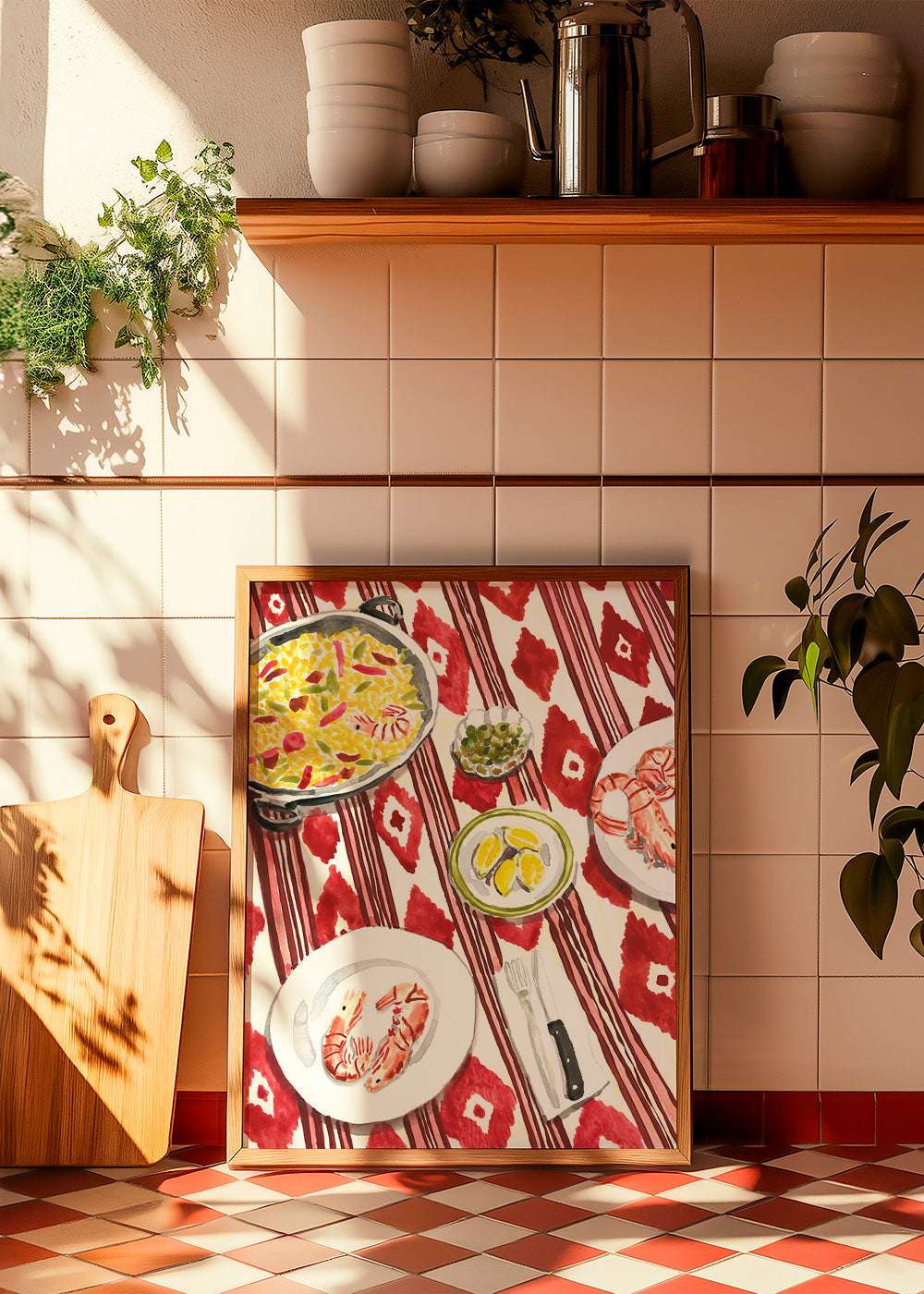 Kitchen art: paella and prawns on a patterned tablecloth