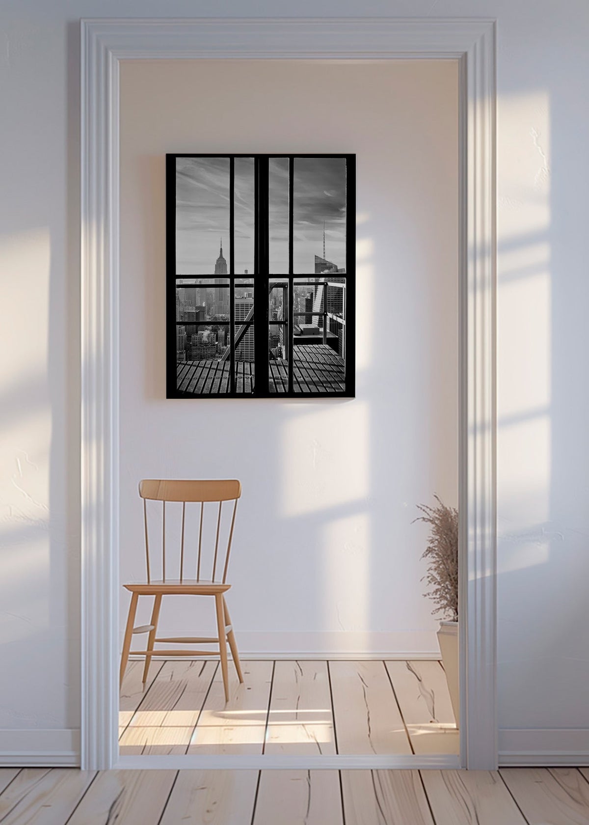 City photograph framed by window – Canvas