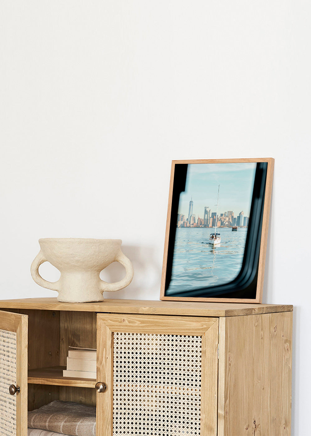 Travel poster with sailboat and skyline – Product1