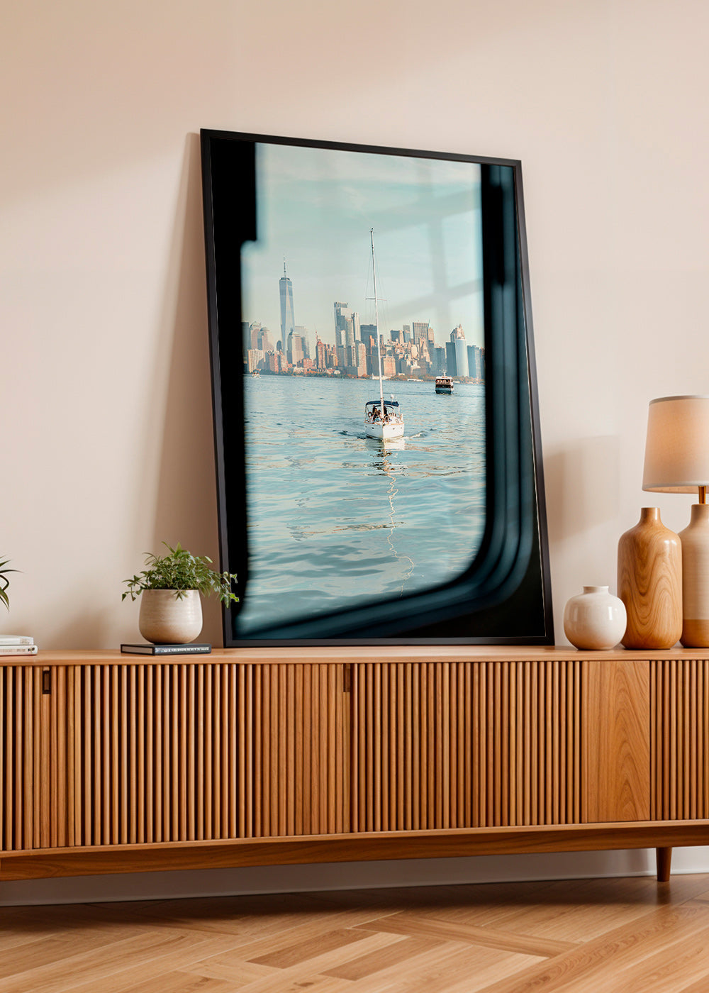 Travel poster with sailboat and skyline – Product3