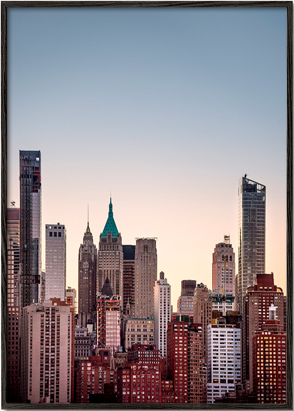 Travel poster with urban skyline at dusk – Black Frame