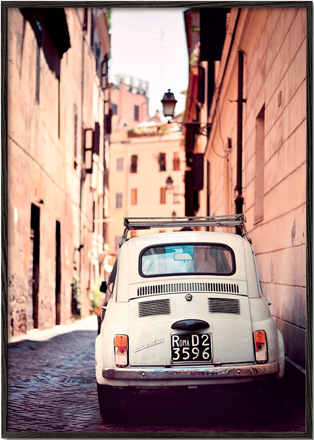 Travel poster featuring a classic car on a Roman street – Black Frame