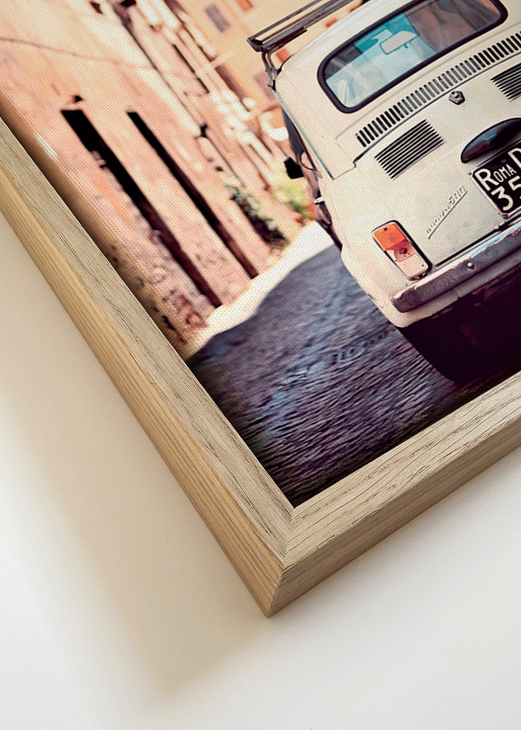 Travel poster featuring a classic car on a Roman street – Canvas detail